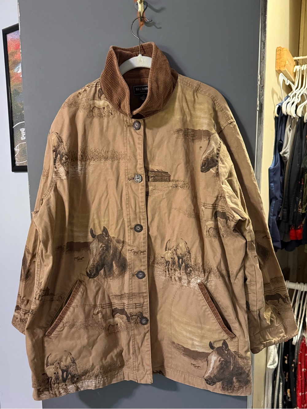 Vintage Bit & Bridle Women’s 1X Brown Cotton Horse Print Jacket, Barn Chore